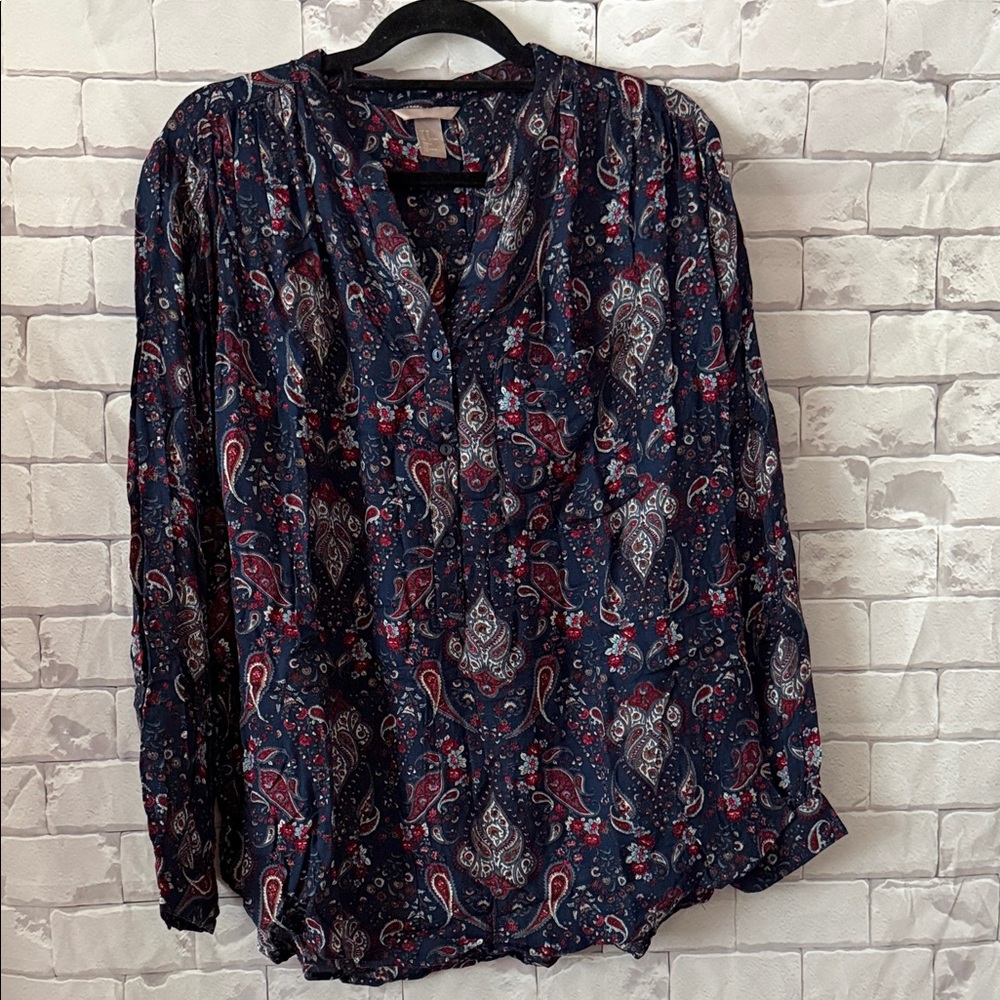 H&M Navy Paisley V-Neck Blouse with Red & Cream Accents